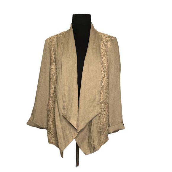 Chicos Beige Open Front Lace Panels Tabbed Sleeves Blazer size 0 - small - Picture 6 of 9